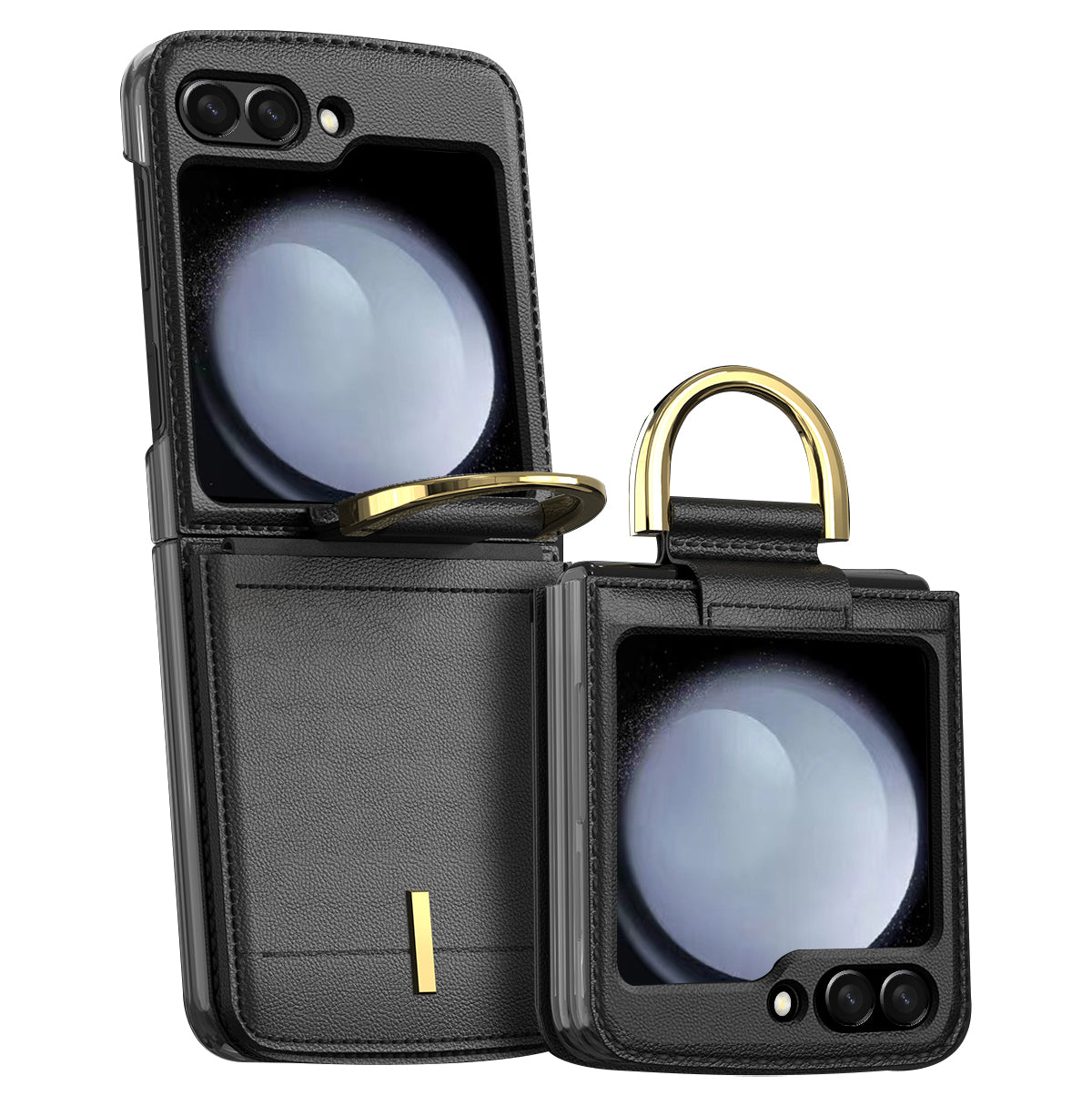 GKK Anti-Fall Phone Case for Samsung Galaxy Z Flip5 5G Hard PC PU Card Slot Phone Shell with Ring Kickstand GKK Anti-Fall Phone Case for Samsung Galaxy Z Flip5 5G Hard PC PU Card Slot Phone Shell with Ring Kickstand